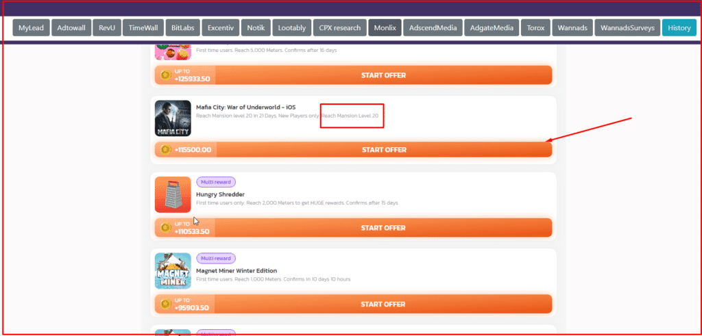 شرح موقع earnbitmoon لربح 40$ يوميا من الانترنت 7 توضيح لشكل المهام داخل احدي منصات العروض