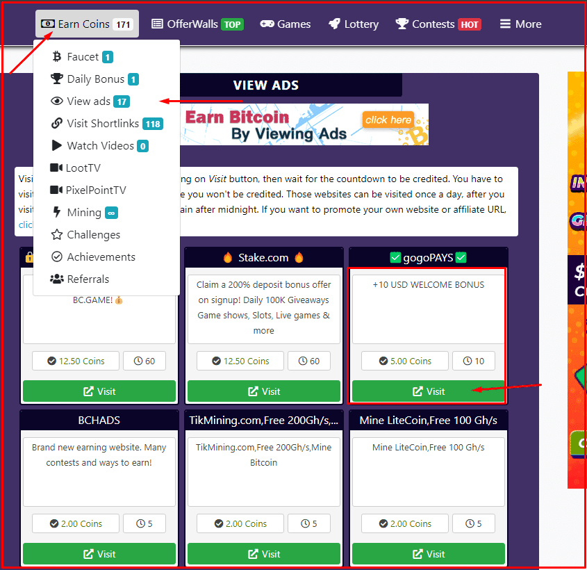شرح موقع earnbitmoon لربح 40$ يوميا من الانترنت 9 توضيح لشكل مكان الربح من مشاهدة الاعلانات