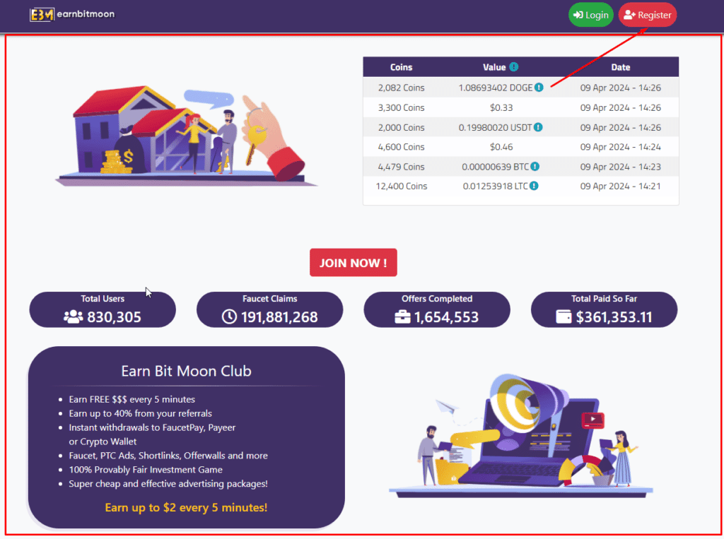 شرح موقع earnbitmoon لربح 40$ يوميا من الانترنت 1 الواجهة الرأيسية للموقع